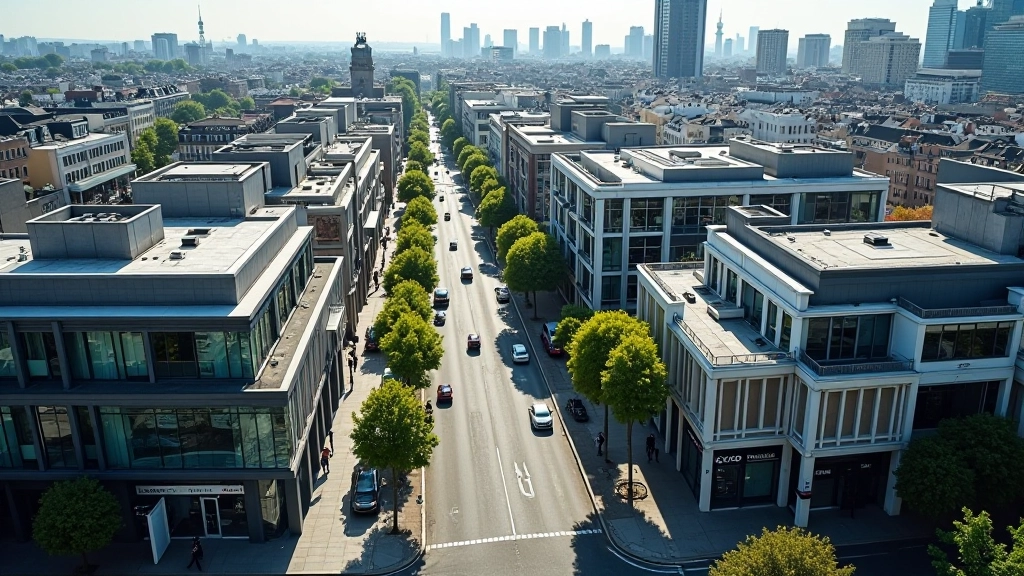 Vue aérienne d'un centre commercial moderne avec bâtiments commerciaux et zones de détail