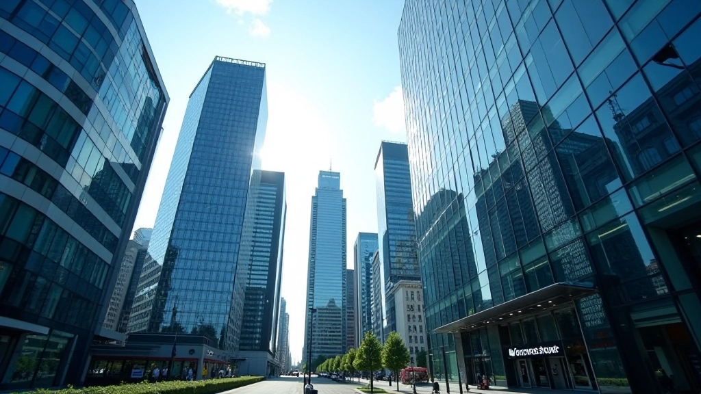 Centre financier avec bâtiments modernes de verre et d'acier, symbole de la puissance économique européenne