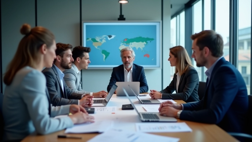 Réunion d'équipe autour d'une table de conférence analysant les données boursières